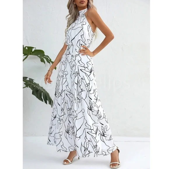 Abstract Print Black on White Long Wide Leg Halter Jumpsuit - Picture 4 of 7